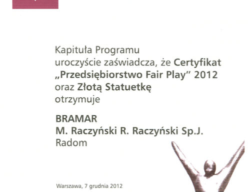 Złota Statuetka i certyfikat Przedsiębiorstwo FAIRPLAY 2012