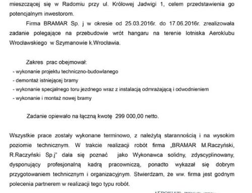 List Referencyjny: Aeroklub Wrocławski