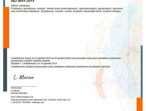 Certyfikat jakości ISO 9001:2015 PL ważny do 12.2028