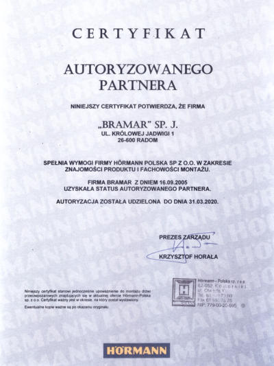 Certyfikat Autoryzowany Partner Hormann w Radomiu firma BRAMAR Certyfikat Autoryzowany Partner Hormann w Radomiu firma BRAMAR