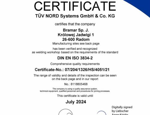 Certyfikat prac spawalniczych EN ISO 3834-2 wersja angielska