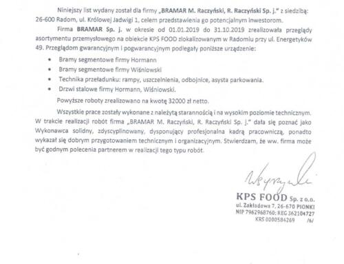 Referencje: przegląd techniczny i serwis bram segmentowych, drzwi stalowych i ramp KPS Food