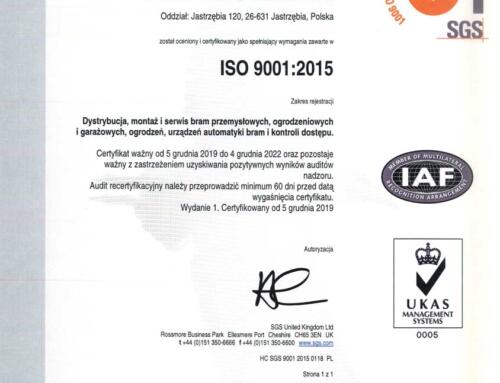 Certyfikat jakości ISO 9001:2015 PL ważny do 12.2022